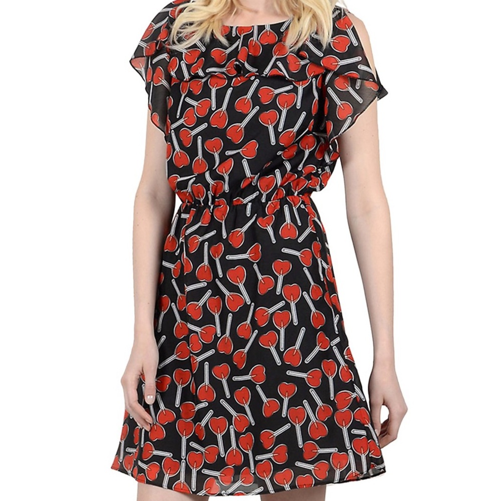 Molly Bracken black dress with red heart lollipop print